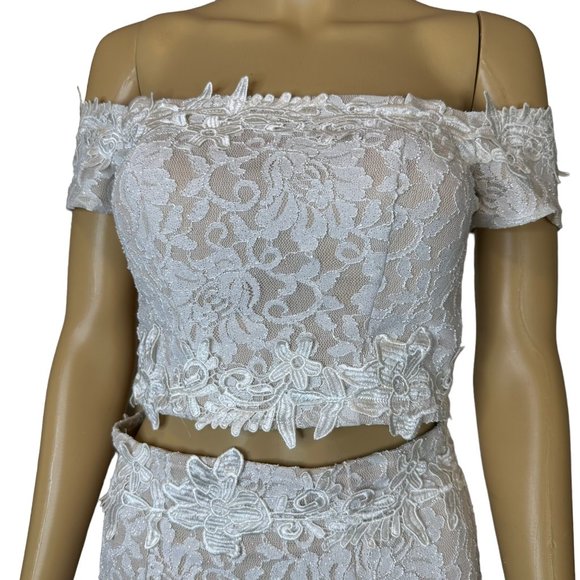 Sequin Hearts SZ XS Off White Two Piece Glitter Lace Gown Dress Lined Embroidery - Picture 5 of 16